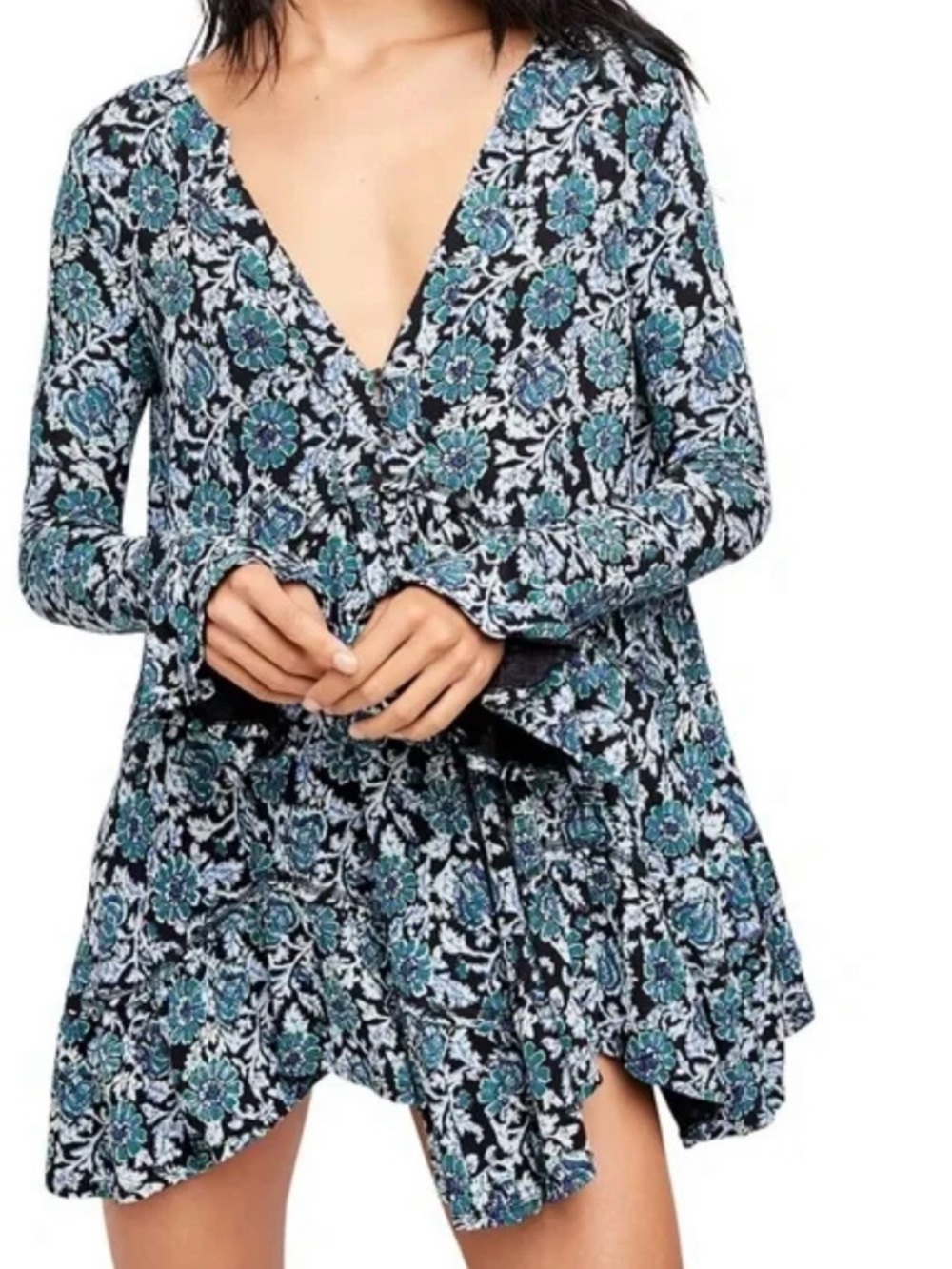 Free People Black Floral Print V-Neck Mini Dress with Teal Accents